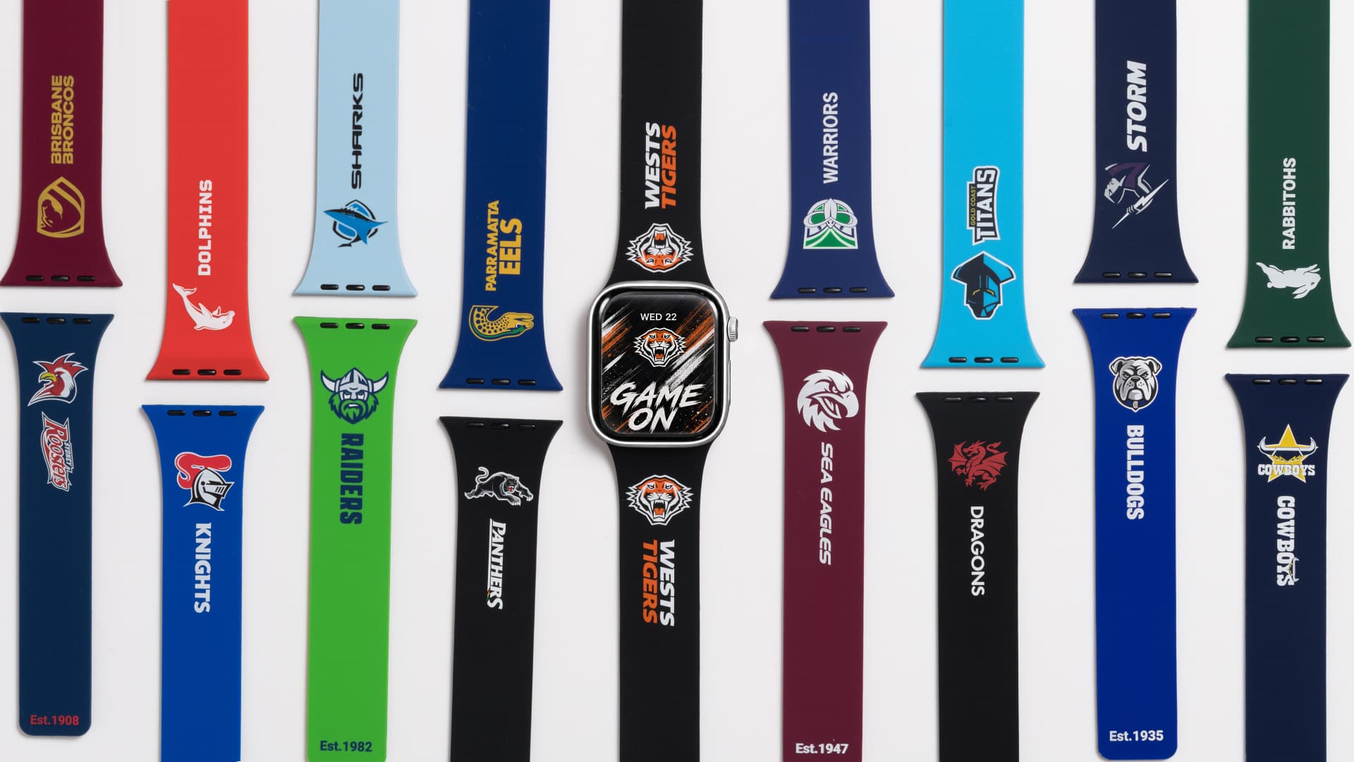 Official NRL Apple Watch bands for all 17 teams laid out in a row
