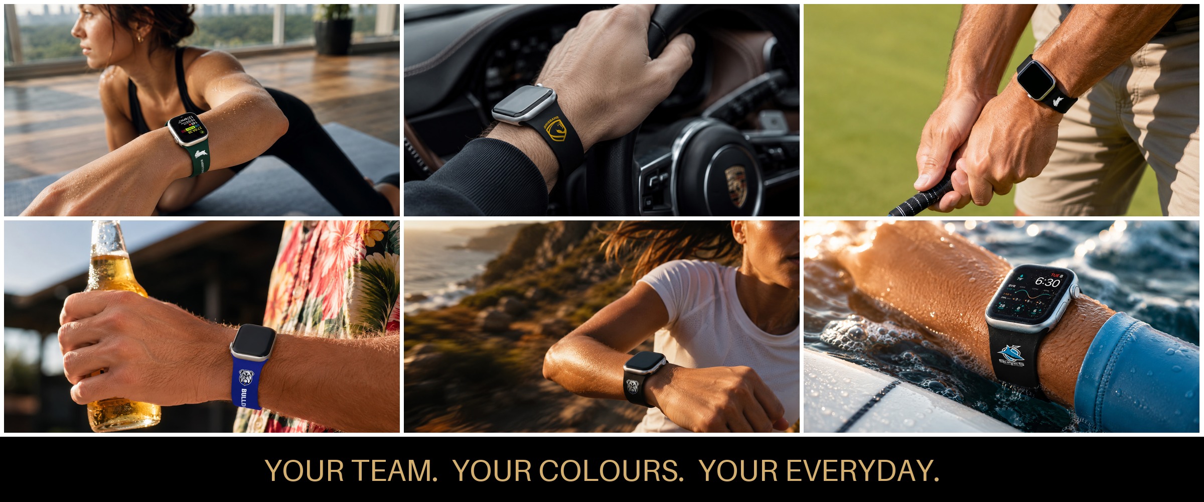 NRL Apple Watch bands lifestyle collage — Your Team. Your Colours. Your Everyday.