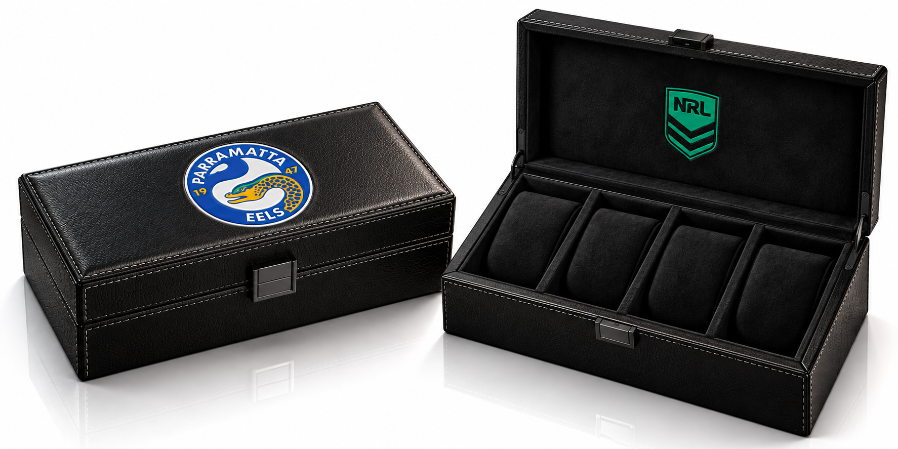 Parramatta Eels four-watch collector box shown open and closed