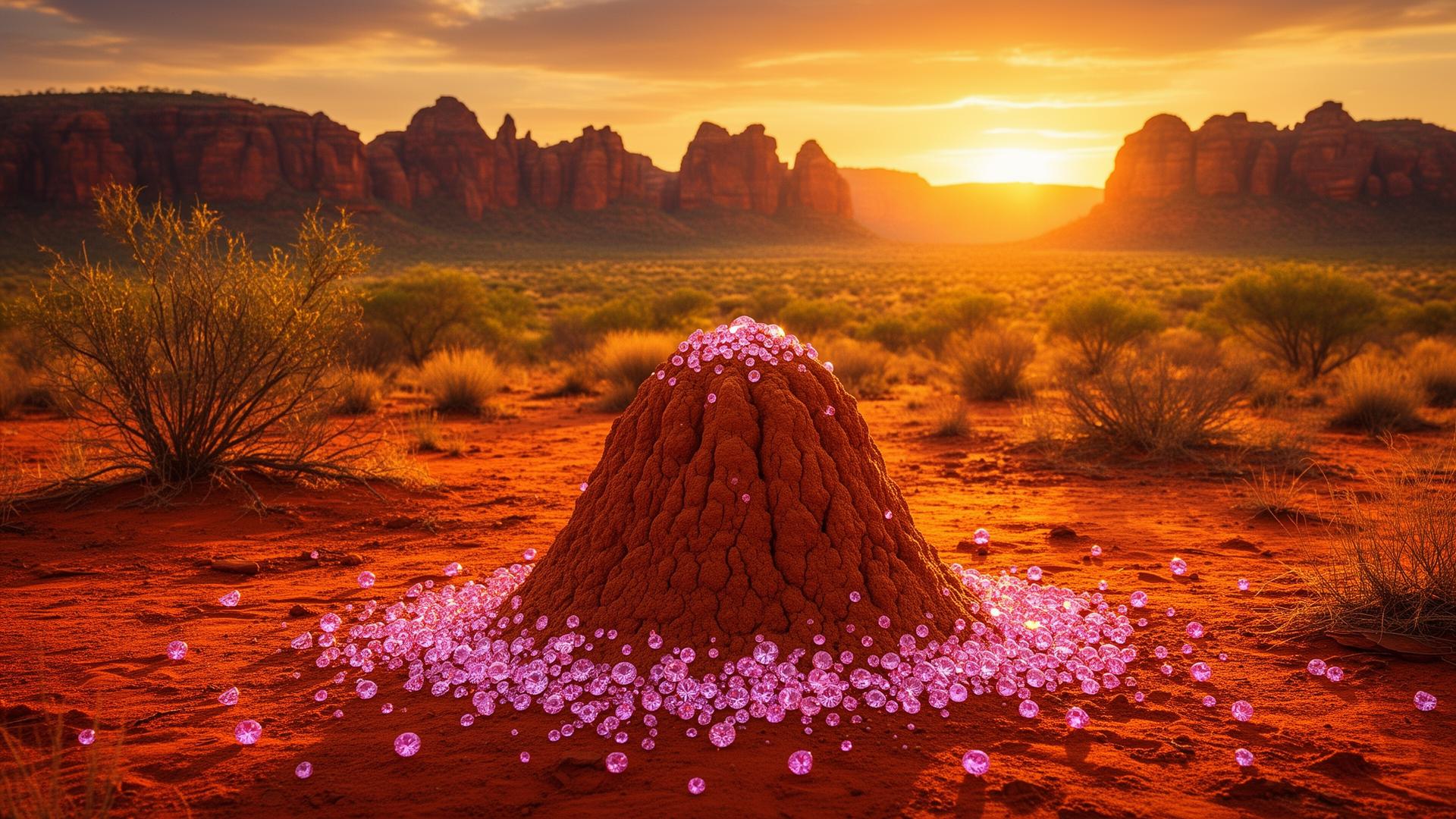 Pink diamonds scattered around a termite mound in the Australian outback at sunrise — representing the 1979 discovery of diamonds atop an anthill in the Kimberley