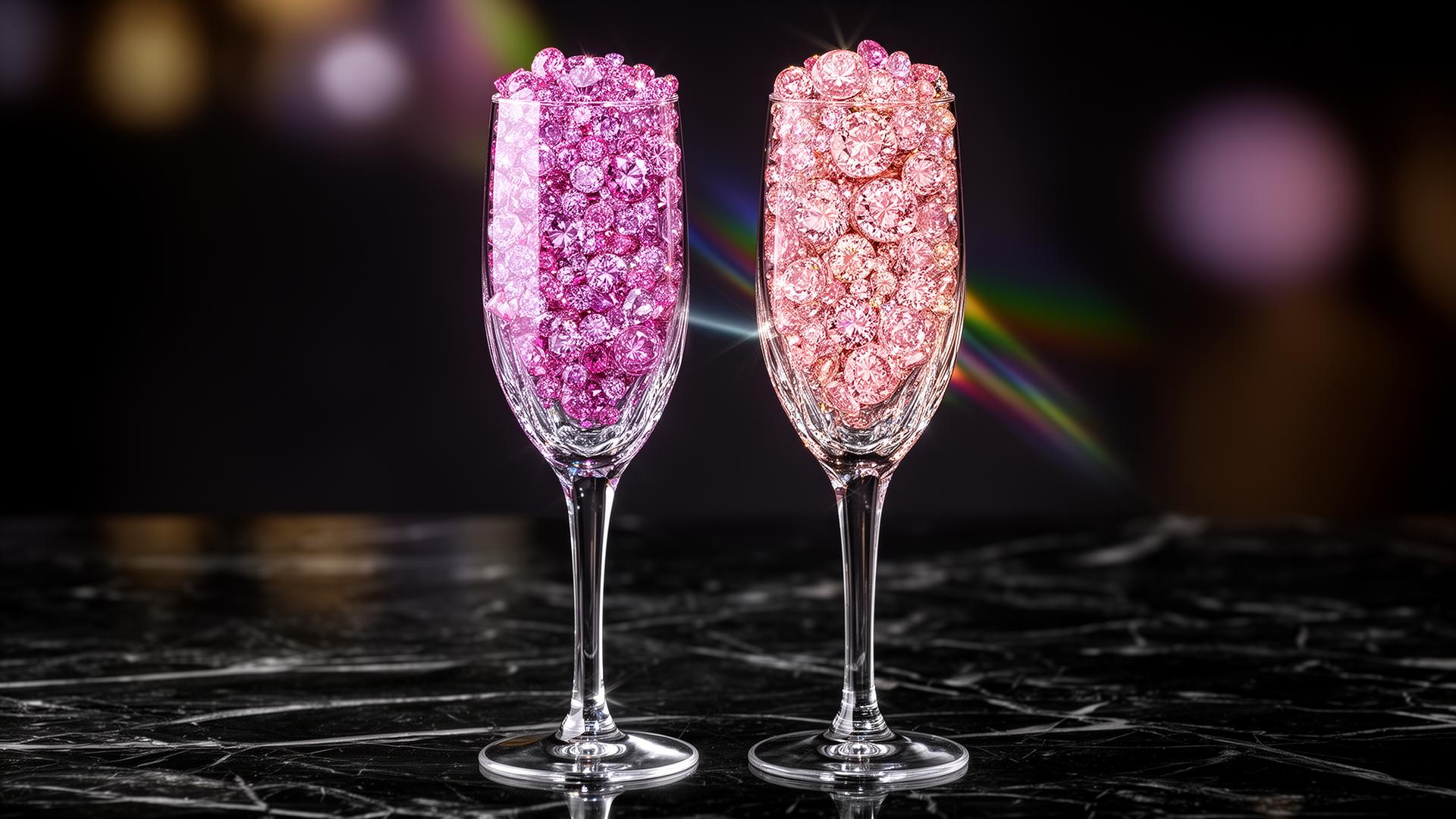 Two crystal champagne glasses filled with Argyle pink diamonds — representing the total investment-grade output from 37 years of mining