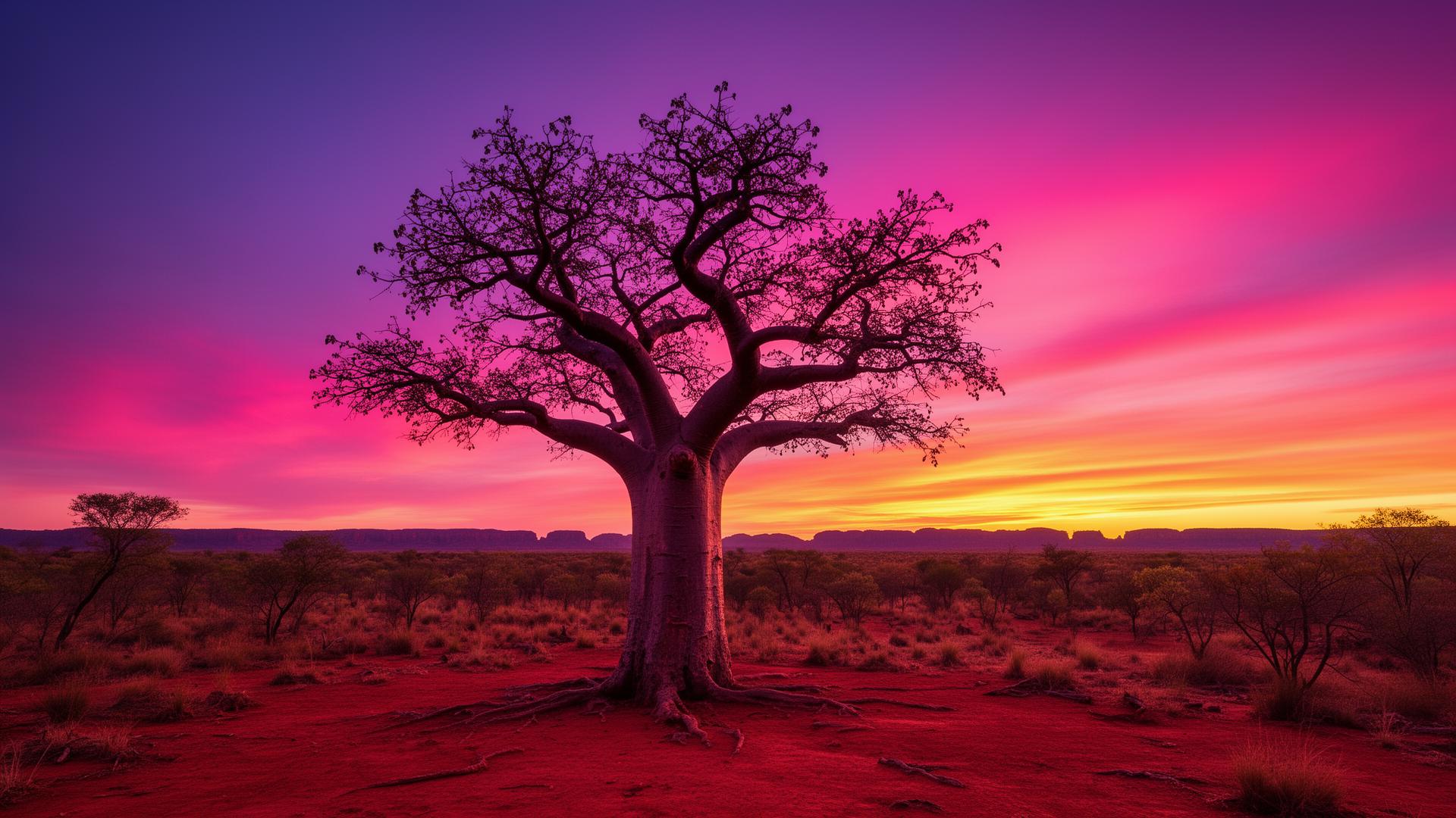 Boab tree silhouetted against a vivid pink-purple Kimberley sunset in Western Australia — the homeland of Argyle pink diamonds