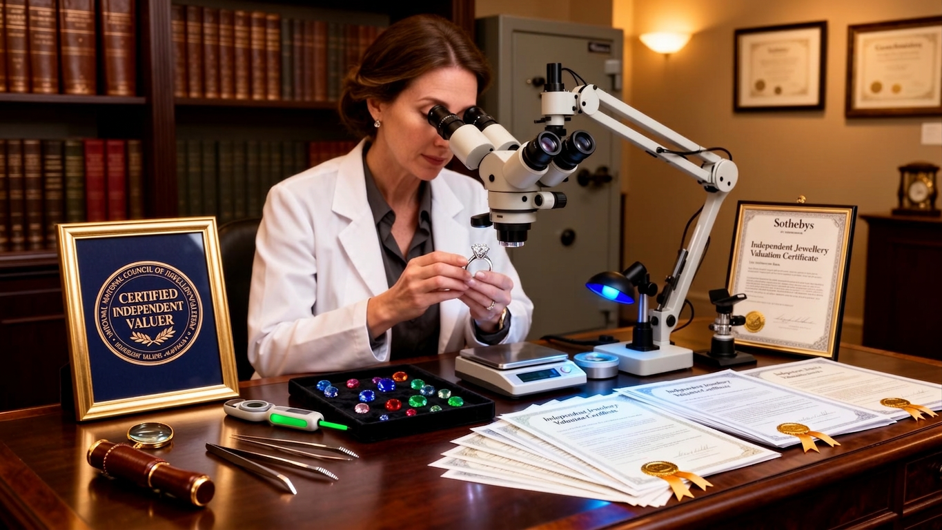 Female NCJV-certified jewellery valuer examining a diamond under a gemmological microscope at her workbench