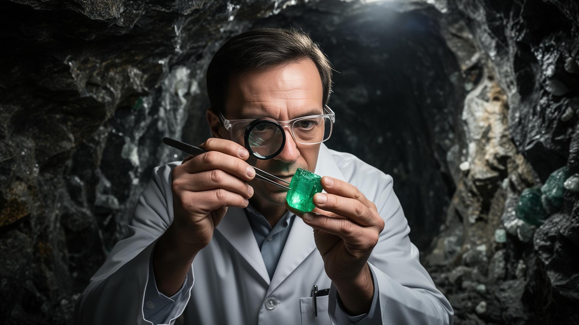 Gemologist examining a raw emerald in a mine