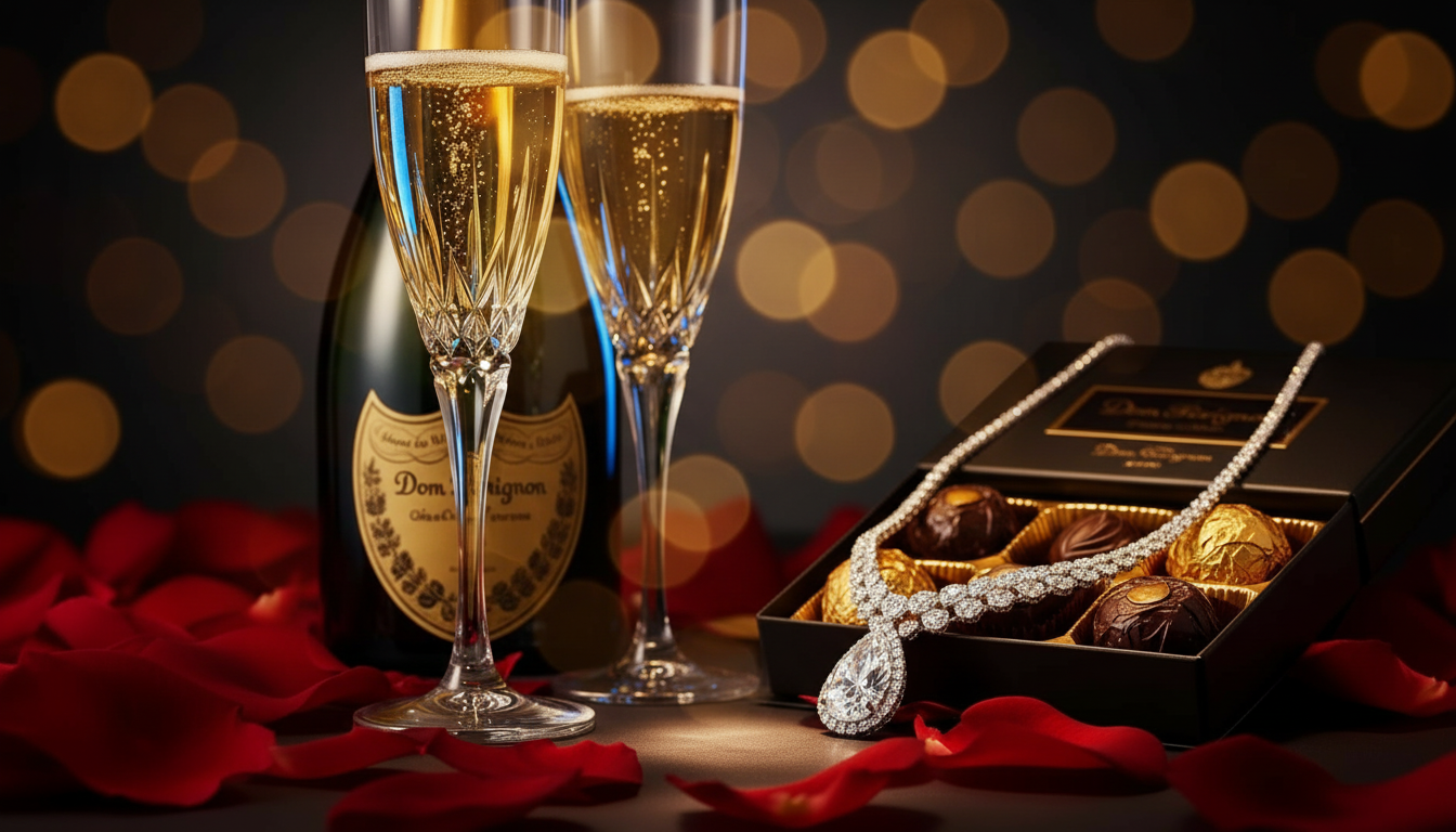 VIP lifestyle — champagne, roses and diamond necklace