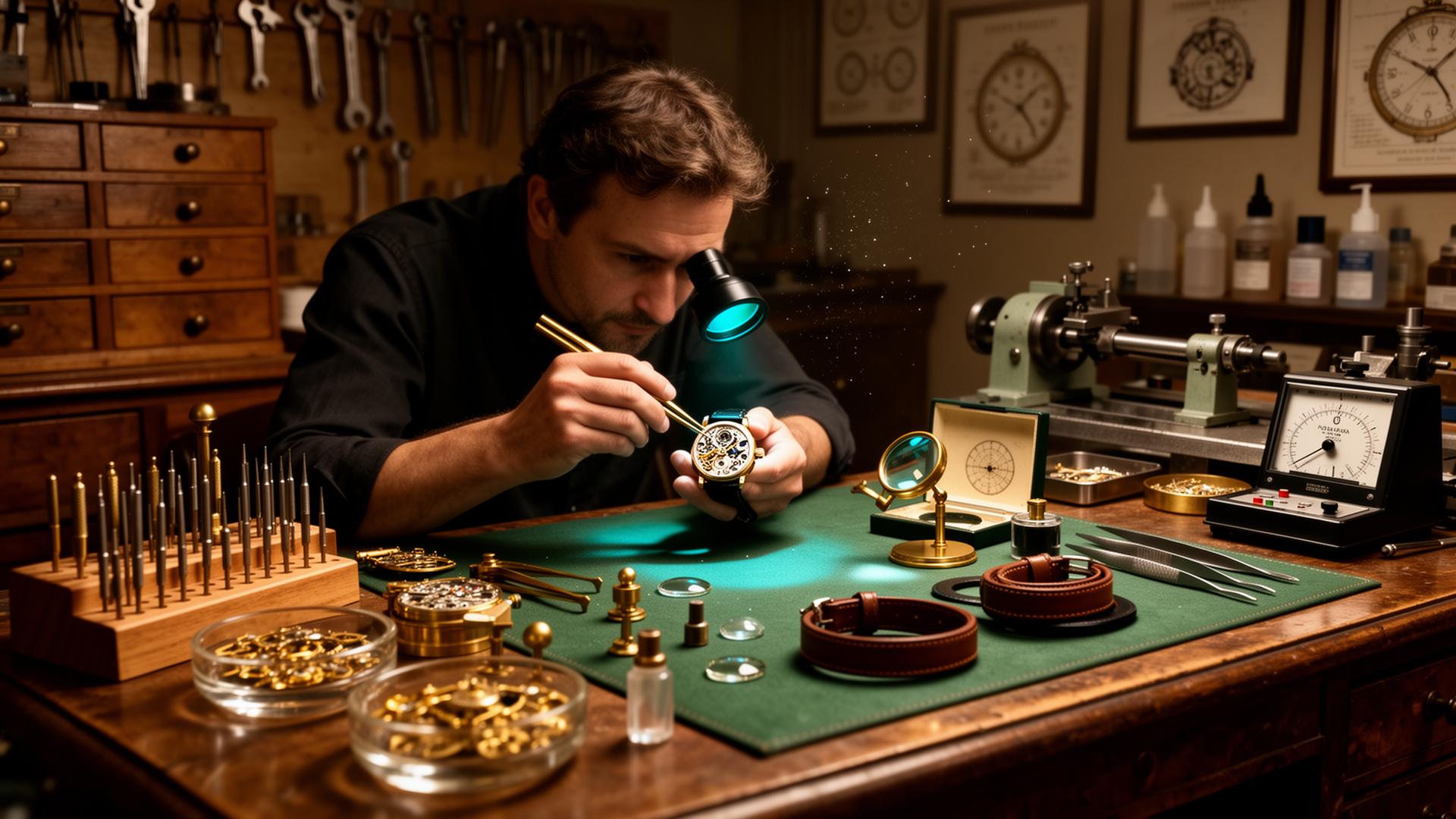 Master watchmaker at his workshop bench servicing a mechanical movement