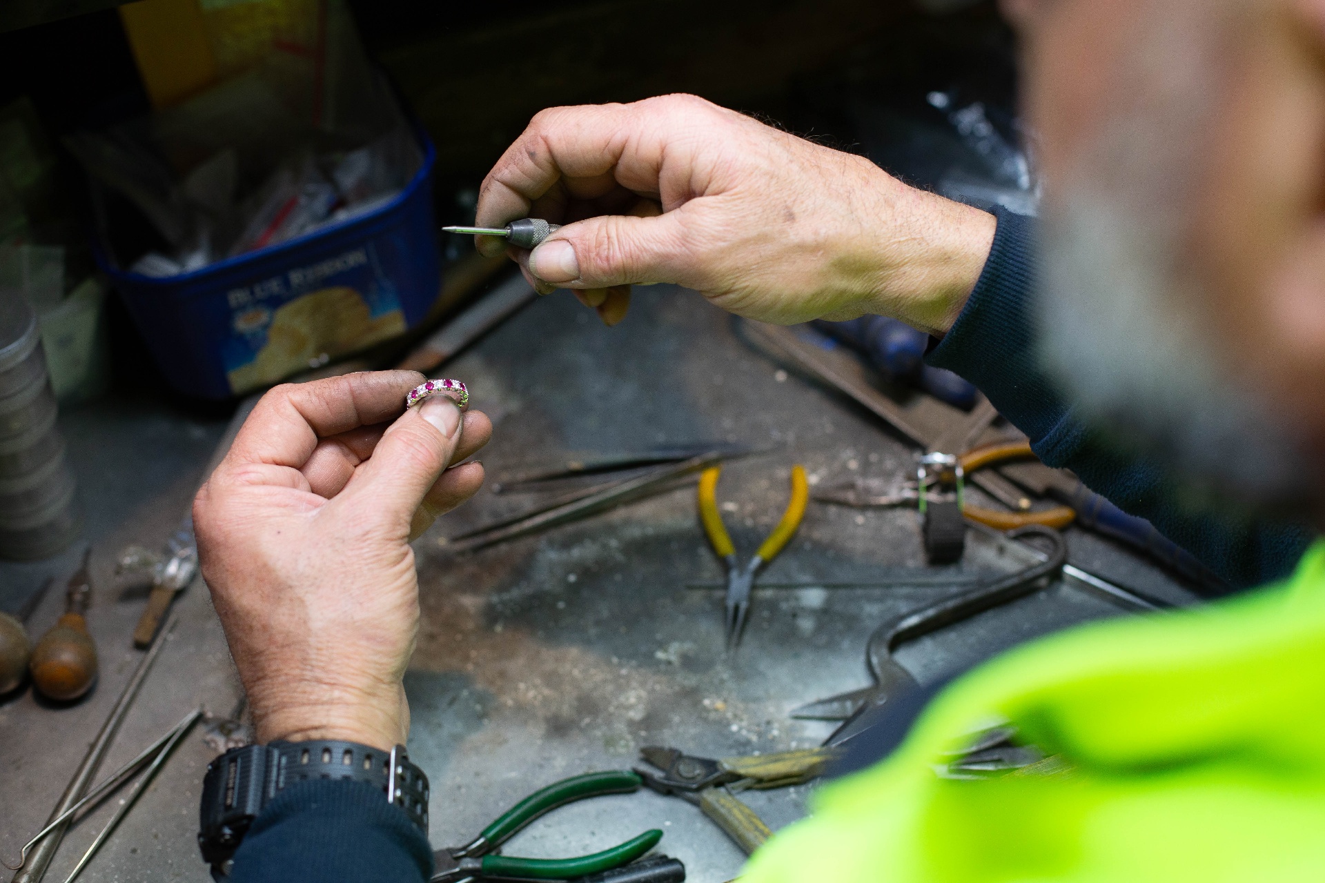 Traditional jeweller's workbench and hand tools